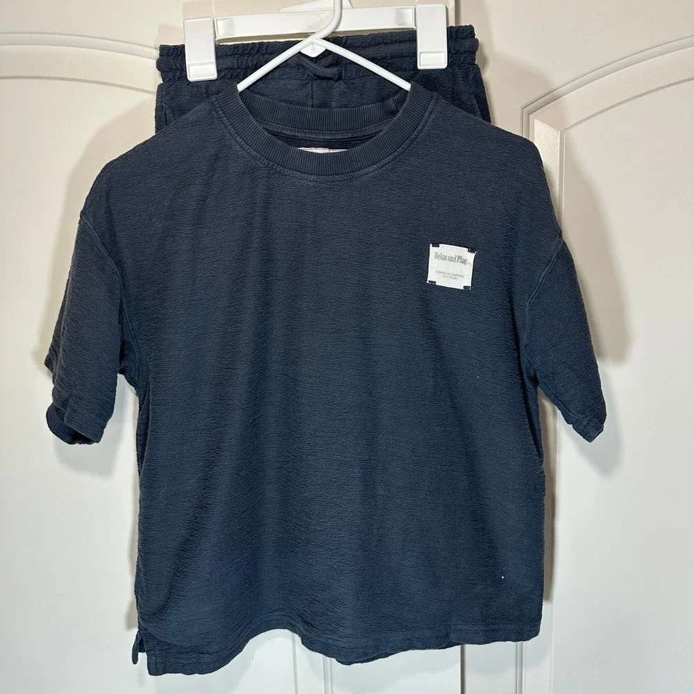 Zara‎ Short & Shirt Set Kids 11-12 Gray Textured Relax and Play Seersucker 2pc